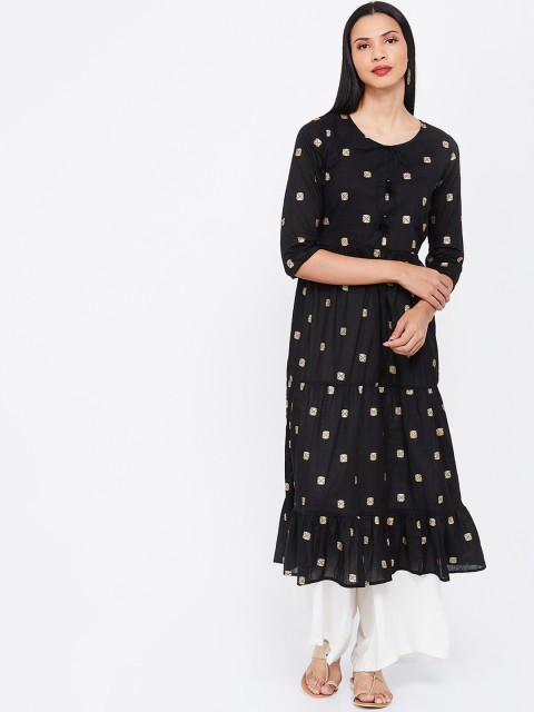 

Melange by Lifestyle Women Black & Gold-Coloured Embroidered A-Line Kurta