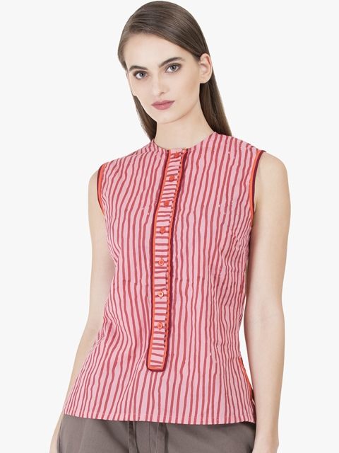 

GRASS by Gitika Goyal Women Pink & Red Hand Printed Striped Top