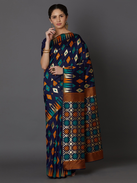 

Mitera Navy Blue & Mustard Yellow Silk Blend Printed Kanjeevaram Saree