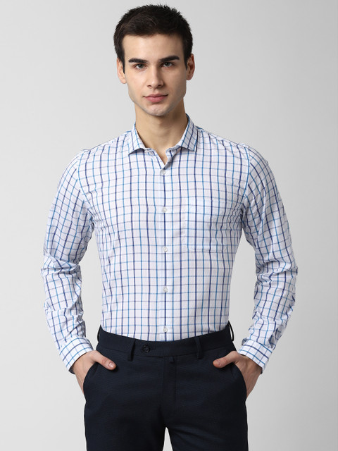 

Peter England Men White & Blue Slim Fit Checked Formal Shirt