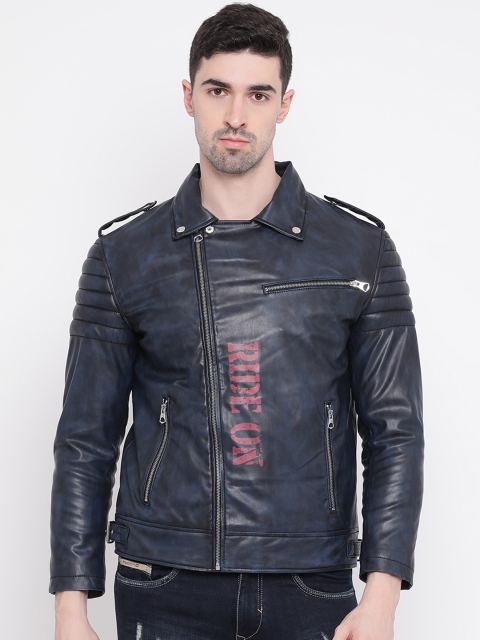 

Justanned Men Navy Blue Printed Biker Jacket