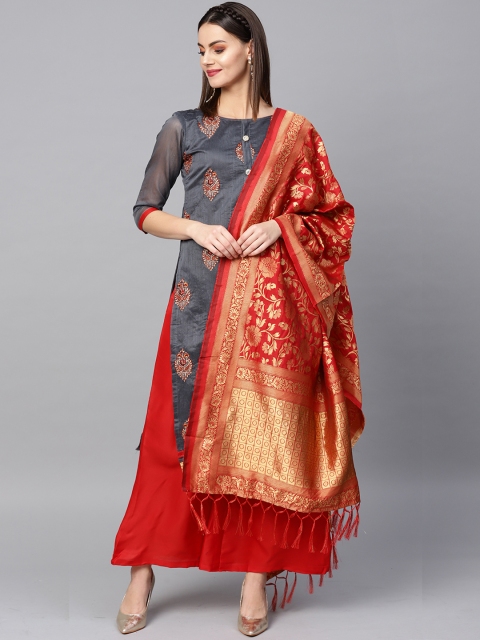 

Ishin Women Grey & Red Embroidered Kurta with Palazzos & Dupatta