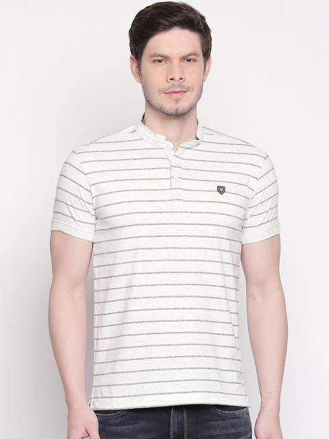 

Mufti Men Off-White & Grey Striped Slim Fit Mandarin Collar T-shirt