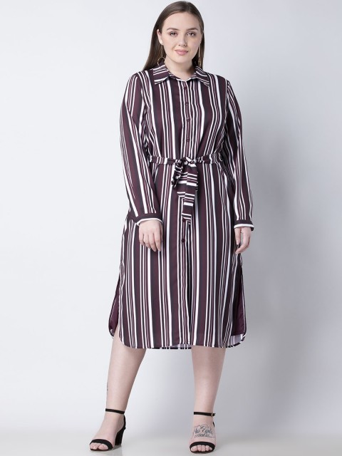 

FabAlley Curve Plus Size Women Burgundy Striped Shirt Dress
