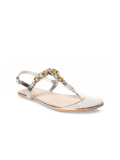 

Burloe Women Silver-Toned Embellished T-Strap Flats