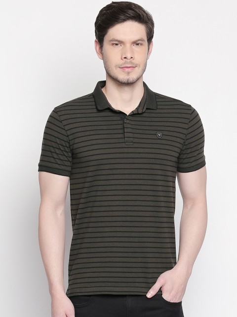 

Mufti Men Olive Green & Black Striped Polo Collar T-shirt