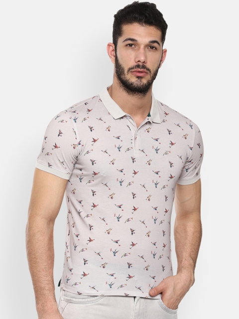 

V Dot Men Grey Printed Polo Collar Pure Cotton T-shirt