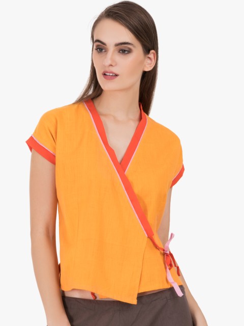 

GRASS by Gitika Goyal Women Orange Solid Wrap Pure Cotton Top