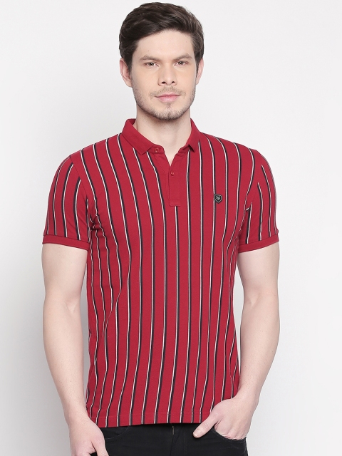 

Mufti Men Red Black Striped Polo Collar Pure Cotton T-shirt