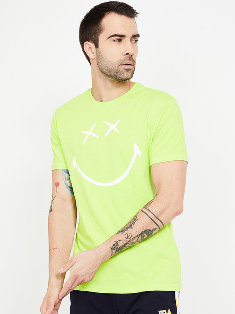 

Smiley World Men Fluorescent Green Printed Slim Fit Round Neck T-shirt