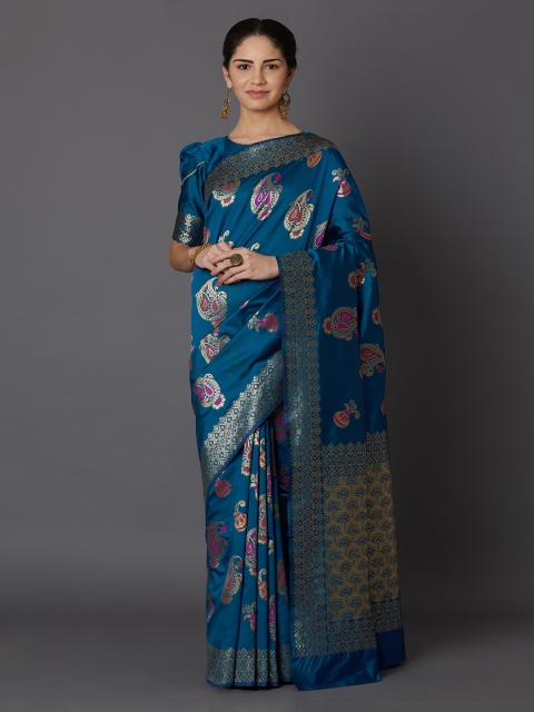 

Mitera Blue & Pink Silk Blend Woven Design Kanjeevaram Saree