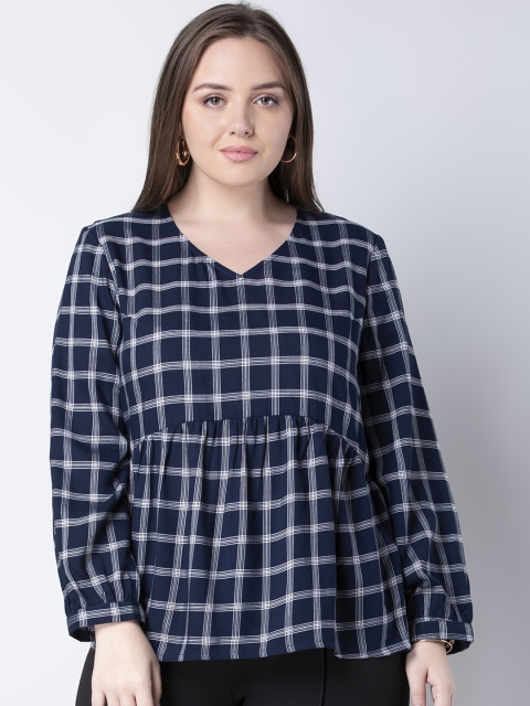 

FabAlley Curve Plus Size Women Navy Blue Checked Top