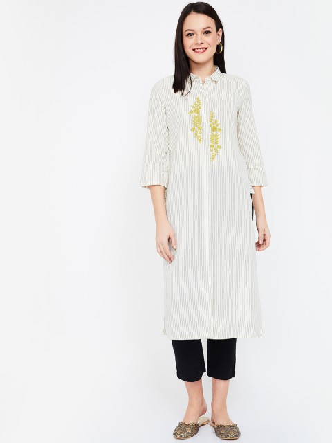 

Melange by Lifestyle Women Off-White & Grey Striped Straight Kurta