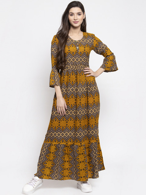 

Indibelle Women Grey & Mustard Yellow Printed A-Line Kurta
