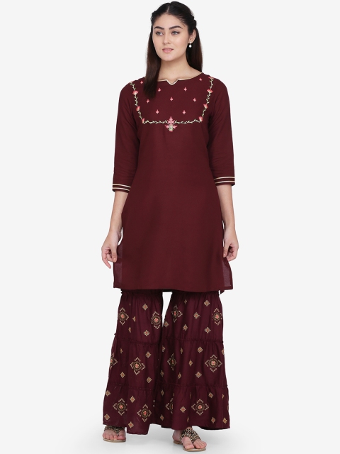

Adizya Women Burgundy & Pink Embroidered Kurti with Sharara