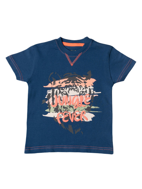 

Kid Studio Boys Navy Blue & Orange Printed Round Neck T-shirt