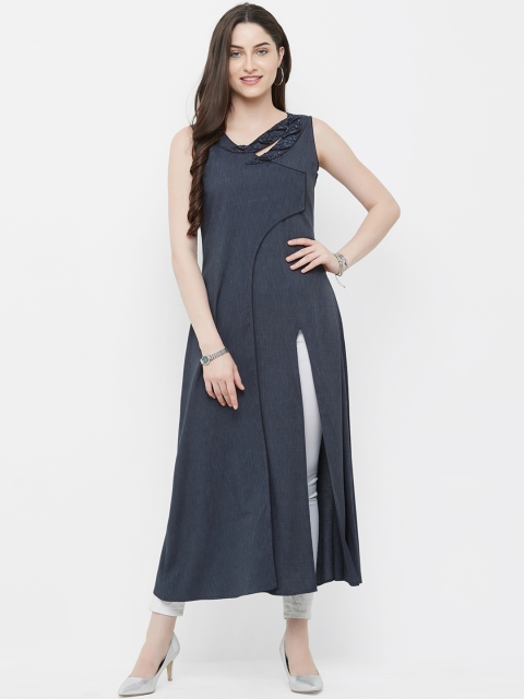 

INDE by MISH Women Charcoal Grey Solid A-Line Kurta