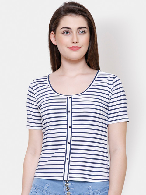 

Yaadleen Women Blue & White Striped Scoop Neck T-shirt