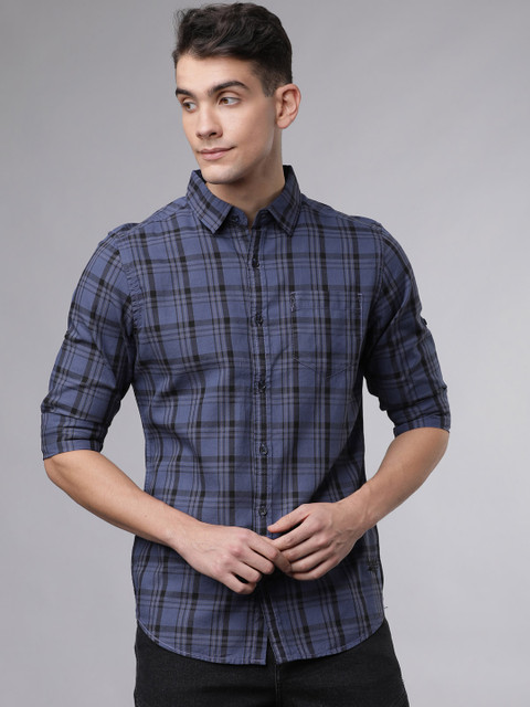 

Ecko Unltd Men Blue & Black Slim Fit Yarn Dyed Checked Shirt