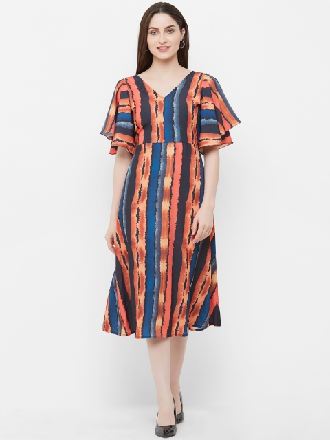 Women Orange & Blue Striped Fit and Flare Dress