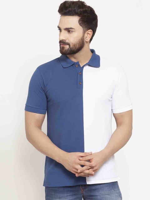 

Kalt Men Blue & White Colourblocked Polo Collar T-shirt