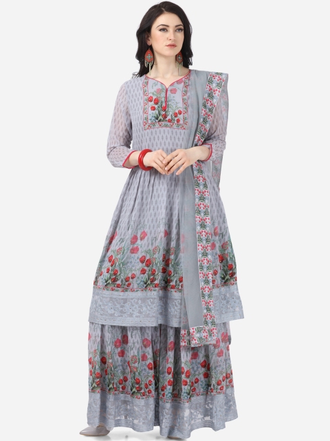 

DIVASTRI Grey & Red Poly Georgette Semi-Stitched Dress Material