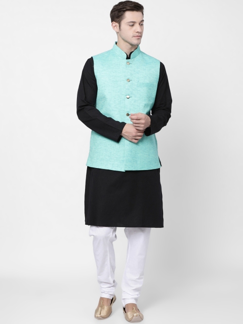 

TABARD Men Black & White Solid Kurta with Churidar & Nehru Jacket