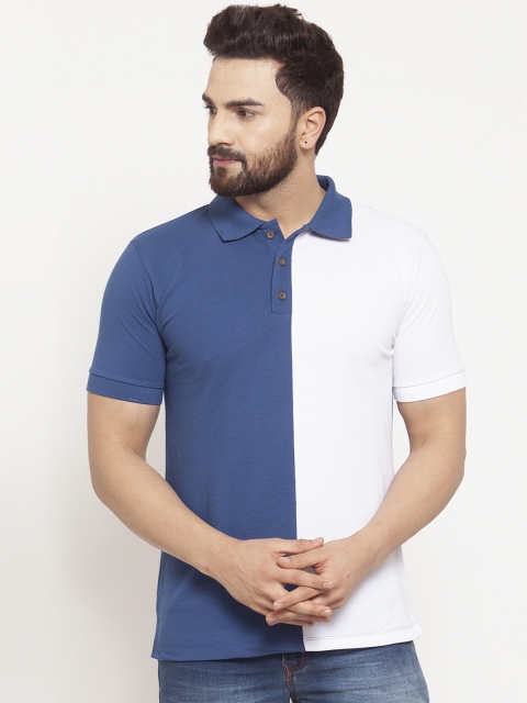 

Kalt Men Blue & White Colourblocked Polo Collar T-shirt