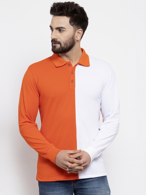 

Kalt Men Orange & White Colourblocked Polo Collar T-shirt