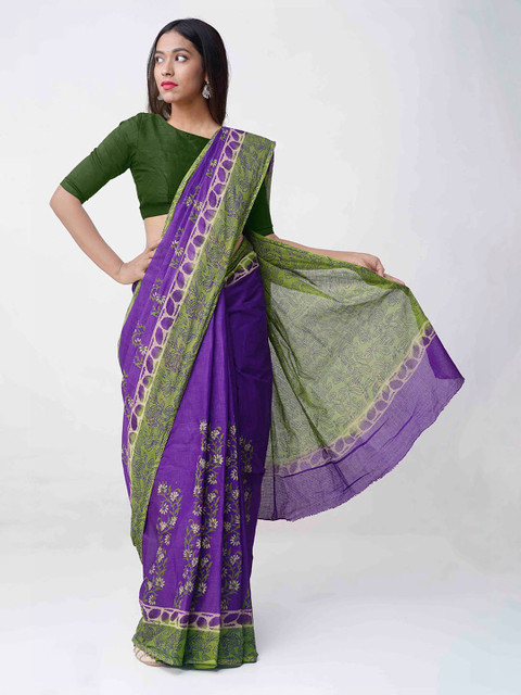 

Unnati Silks Lavender & Green Organza Printed Kota Handloom Saree