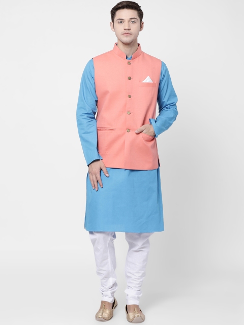 

TABARD Men Blue & White Solid Kurta with Churidar & Nehru Jacket