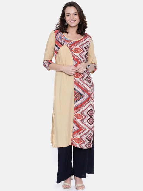 

Rasada Women Beige & Red Printed Straight Kurta