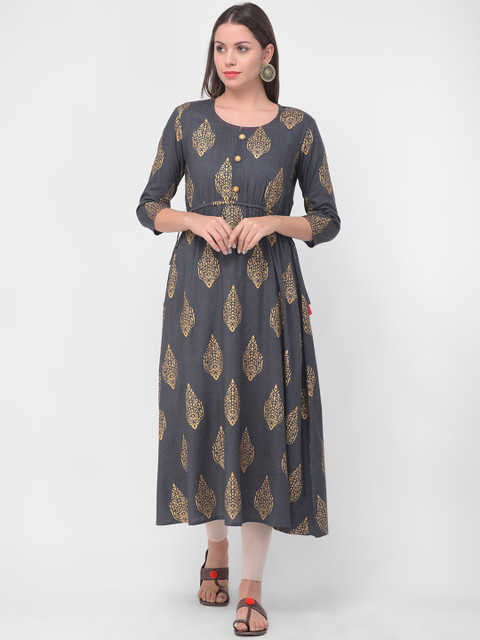 

aayusika Women Grey & Gold-Toned Printed A-Line Kurta