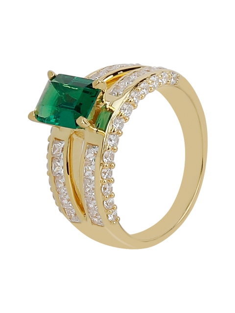 

Silgo Women 925 Sterling Silver Gold-Plated Green & White CZ-Studded Finger Ring