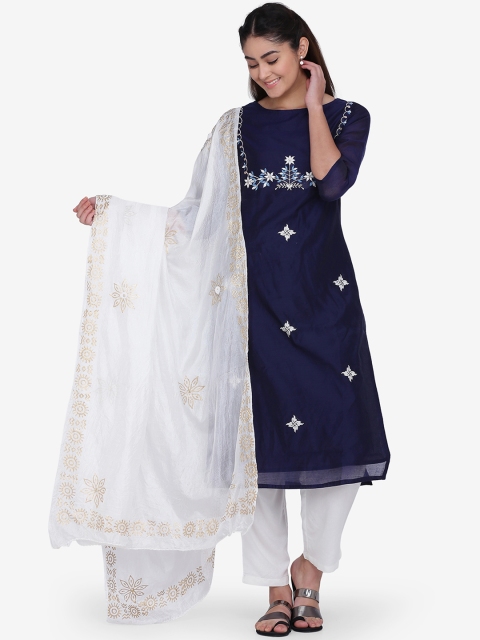 

Adizya Women Blue & White Embroidered Kurti with Trousers & Dupatta