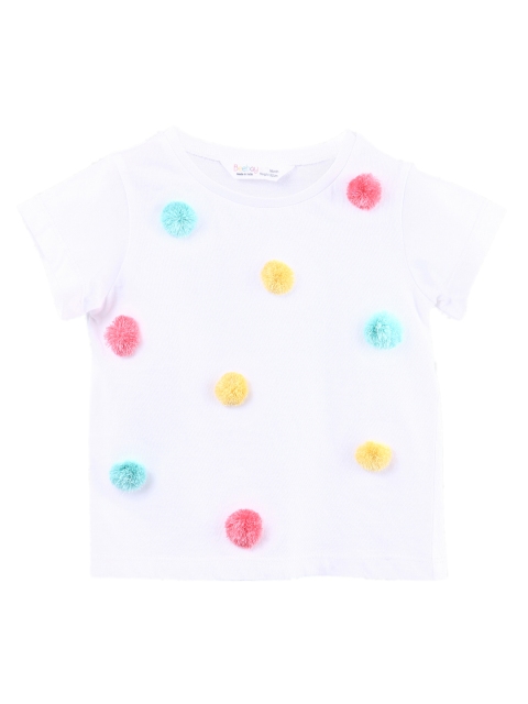 

Beebay Girls White Self Design Round Neck Pure Cotton T-shirt