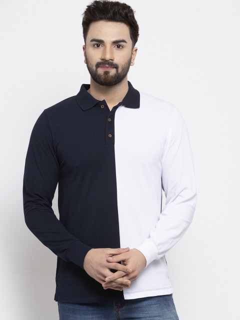 

Kalt Men Navy Blue & White Colourblocked Polo Collar T-shirt