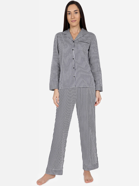 

Nick&Jess Women Black & White Striped Night suit