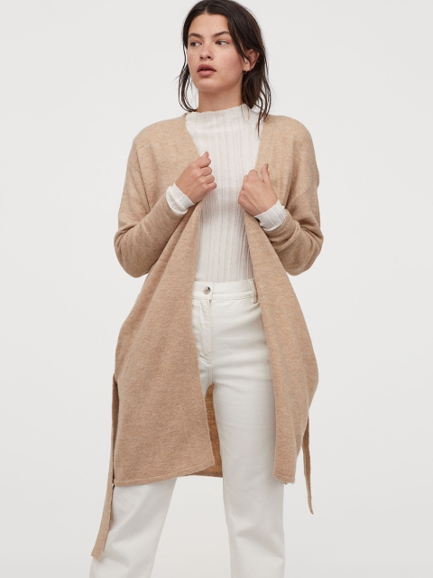 

H&M Women Beige Solid Tie-Belt Cardigan
