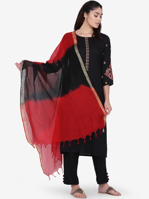 

Adizya Women Black & Red Embroidered Kurta with Trousers & Dupatta