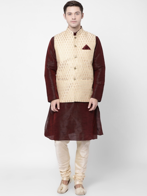 

TABARD Men Maroon & Beige Solid Dupion Silk Kurta Set