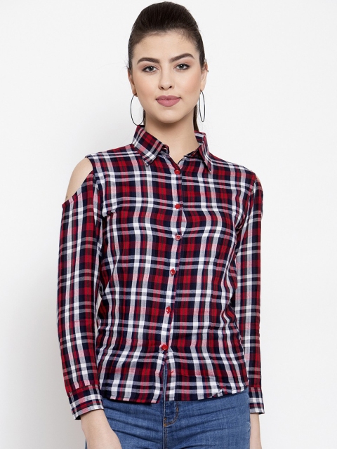 

VOXATI Women Navy Blue & Red Slim Fit Checked Casual Shirt