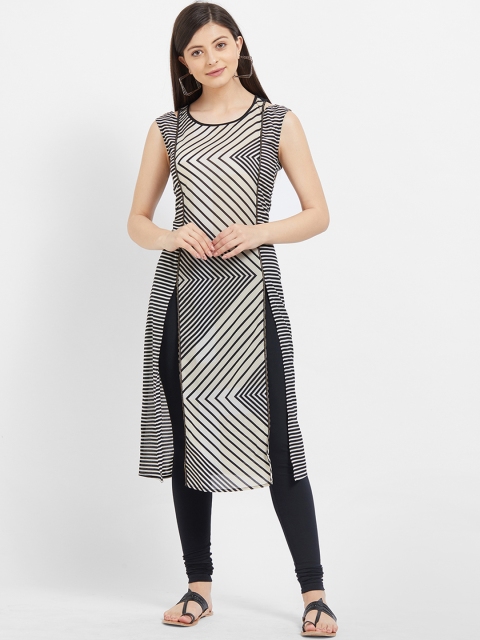 

Fusion Beats Women Black & White Printed A-Line Kurta