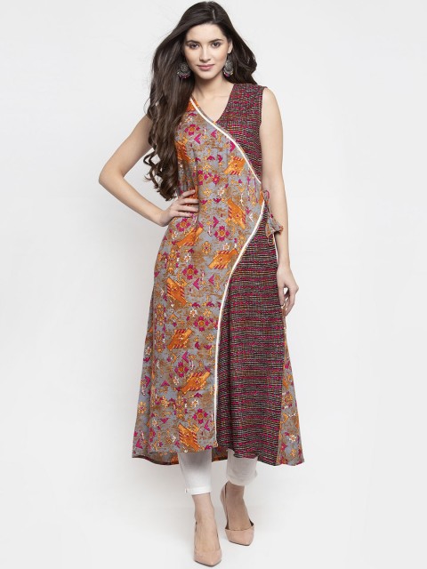

Indibelle Women Grey & Brown Printed A-Line Kurta