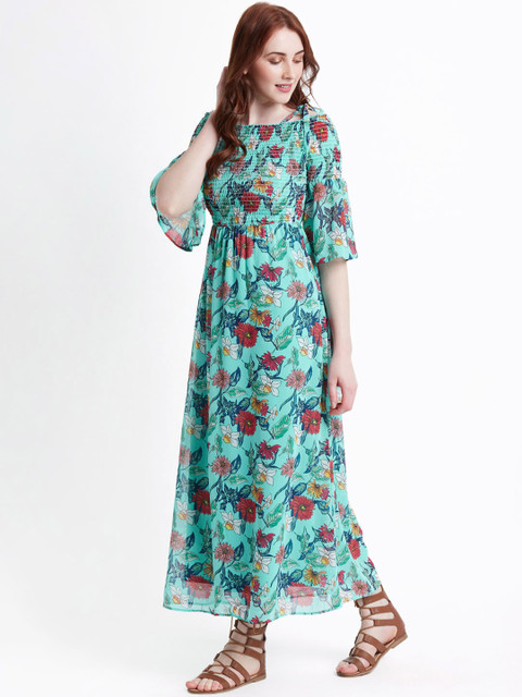 

Honey by Pantaloons Women Turquoise Blue & Pink Printed Maxi Dress