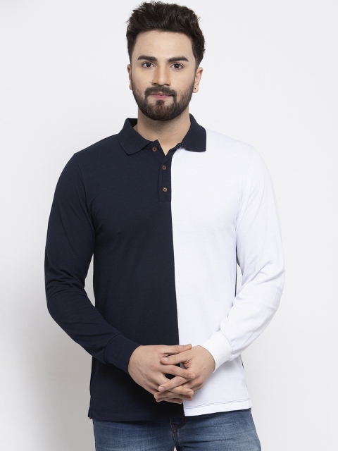 

Kalt Men Navy Blue And White Colourblocked Polo Collar T-shirt