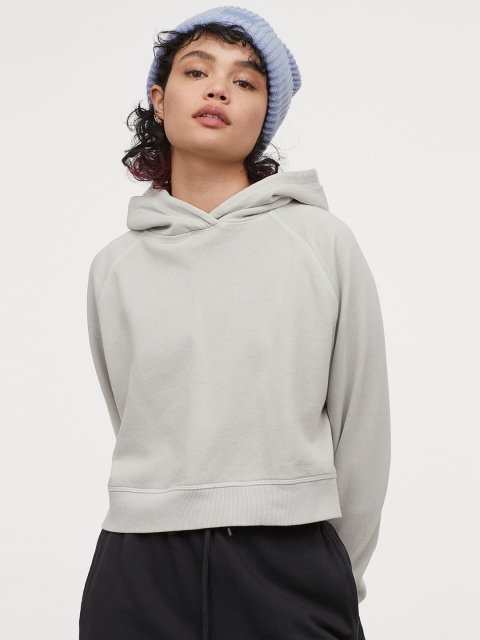 

H&M Women Grey & Beige Solid Cropped Hooded Top