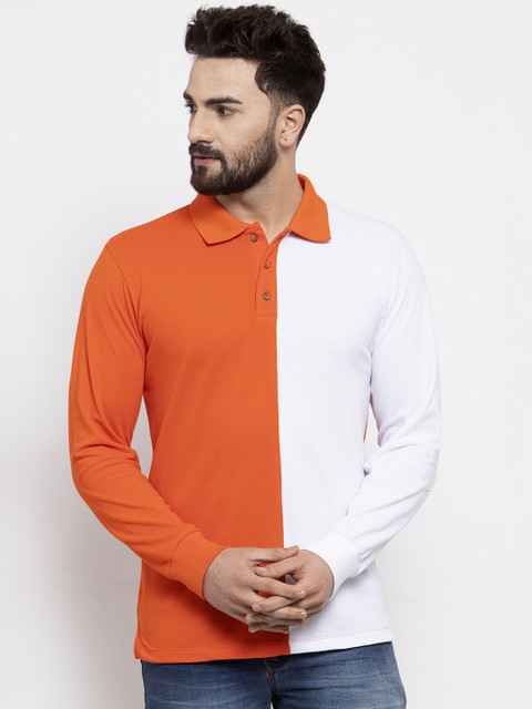 

Kalt Men Orange &White Colourblocked Polo Collar T-shirt