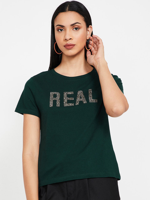 

Ginger by Lifestyle Women Green Printed Round Neck T-shirt