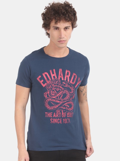 

Ed Hardy Men Blue Pink Printed Round Neck Pure Cotton T-shirt